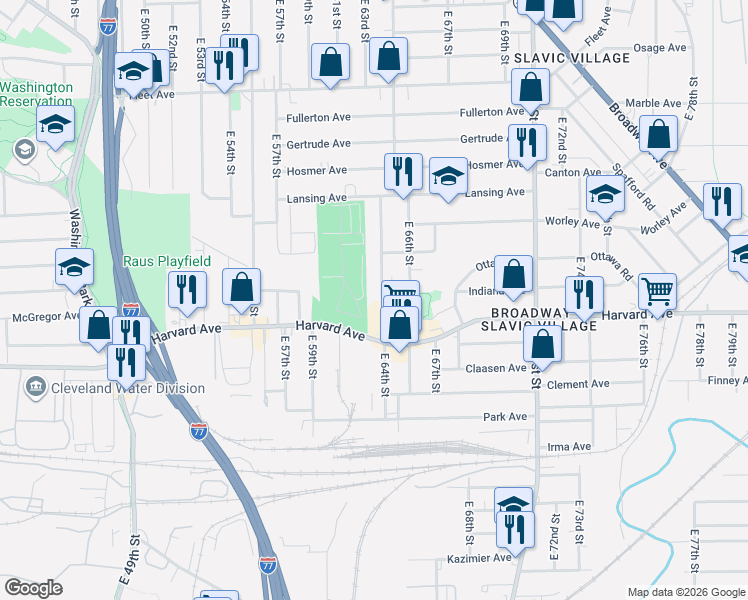 map of restaurants, bars, coffee shops, grocery stores, and more near 3986 East 64th Street in Cleveland