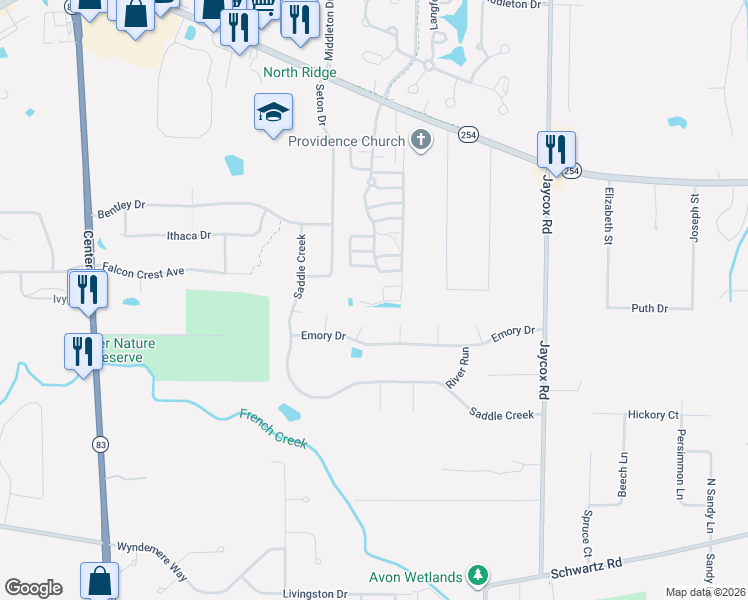 map of restaurants, bars, coffee shops, grocery stores, and more near 2946 Shakespeare Lane in Avon