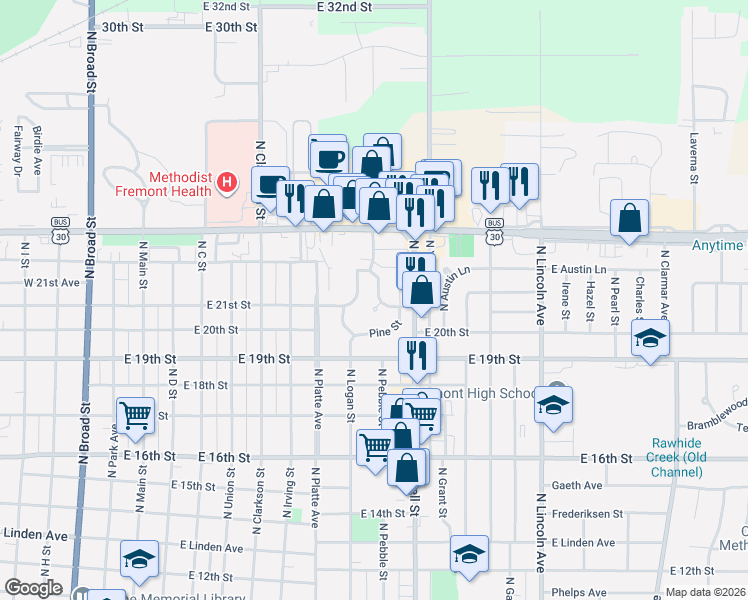 map of restaurants, bars, coffee shops, grocery stores, and more near 2125 Pine Street in Fremont
