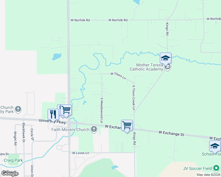map of restaurants, bars, coffee shops, grocery stores, and more near 24307 South Meadowood Lane in Crete