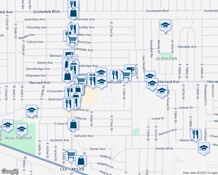 map of restaurants, bars, coffee shops, grocery stores, and more near 17210 Harvard Avenue in Cleveland