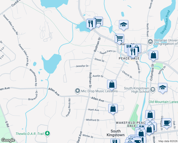 map of restaurants, bars, coffee shops, grocery stores, and more near 137 Rodman Street in South Kingstown