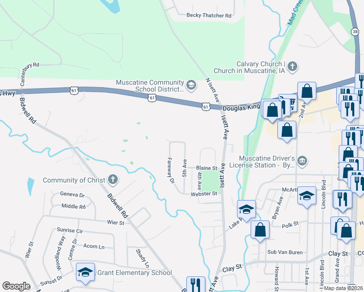 map of restaurants, bars, coffee shops, grocery stores, and more near 1203 Kirstin Court in Muscatine