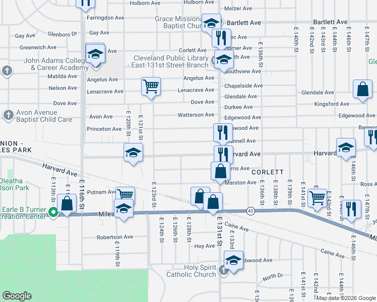 map of restaurants, bars, coffee shops, grocery stores, and more near 12710 Crennell Avenue in Cleveland