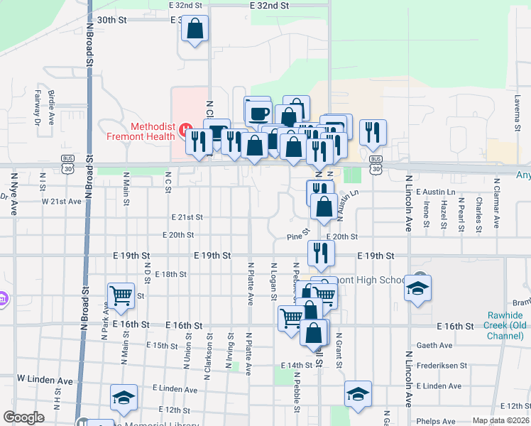 map of restaurants, bars, coffee shops, grocery stores, and more near 2109 Elm Street in Fremont