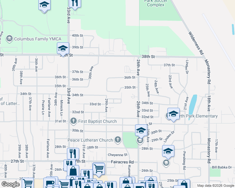 map of restaurants, bars, coffee shops, grocery stores, and more near 3399 29th Avenue in Columbus