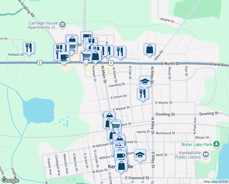 map of restaurants, bars, coffee shops, grocery stores, and more near 521 North State Street in Kendallville