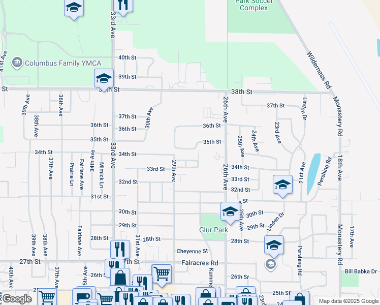 map of restaurants, bars, coffee shops, grocery stores, and more near 3399 29th Avenue in Columbus