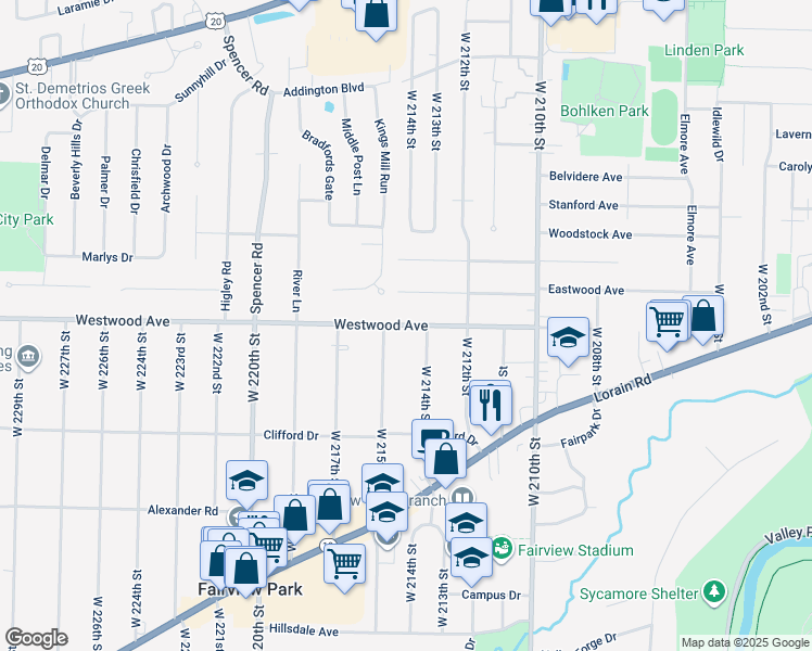 map of restaurants, bars, coffee shops, grocery stores, and more near 21401 Westwood Avenue in Fairview Park
