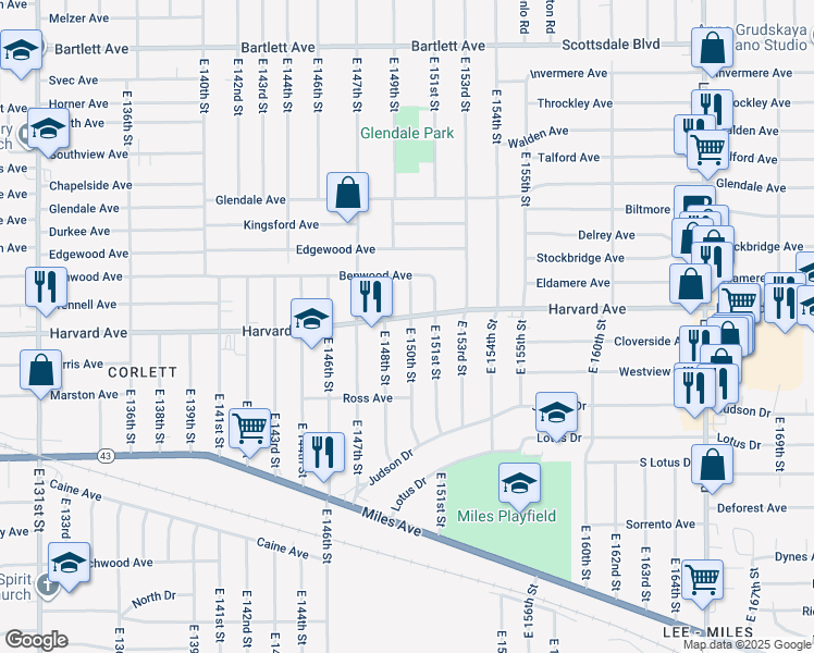 map of restaurants, bars, coffee shops, grocery stores, and more near 15014 Harvard Avenue in Cleveland