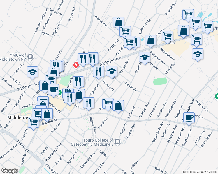 map of restaurants, bars, coffee shops, grocery stores, and more near 17 Rowan Street in Middletown