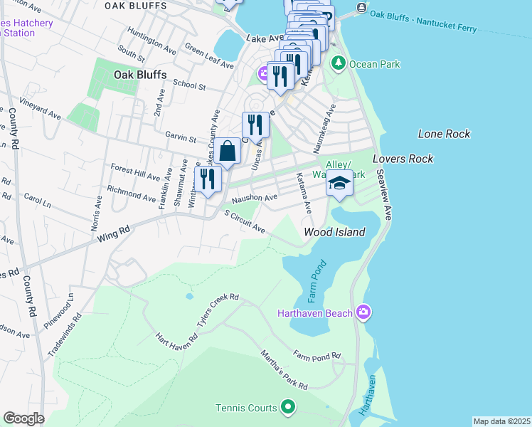 map of restaurants, bars, coffee shops, grocery stores, and more near 42 Naushon Avenue in Oak Bluffs