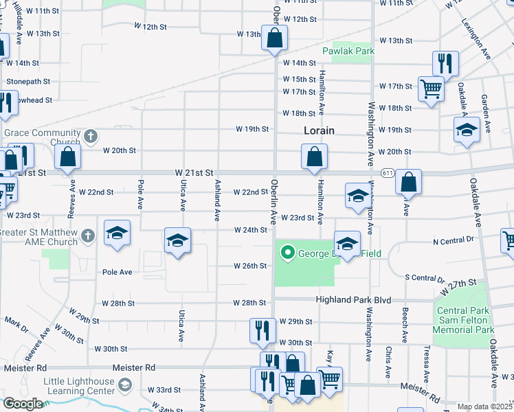 map of restaurants, bars, coffee shops, grocery stores, and more near 1220 West 23rd Street in Lorain
