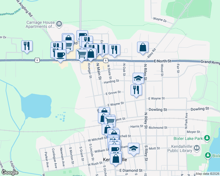 map of restaurants, bars, coffee shops, grocery stores, and more near 521 North State Street in Kendallville
