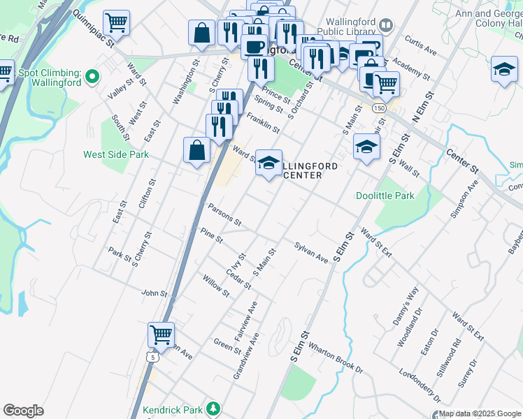 map of restaurants, bars, coffee shops, grocery stores, and more near 27 Randolph Street in Wallingford