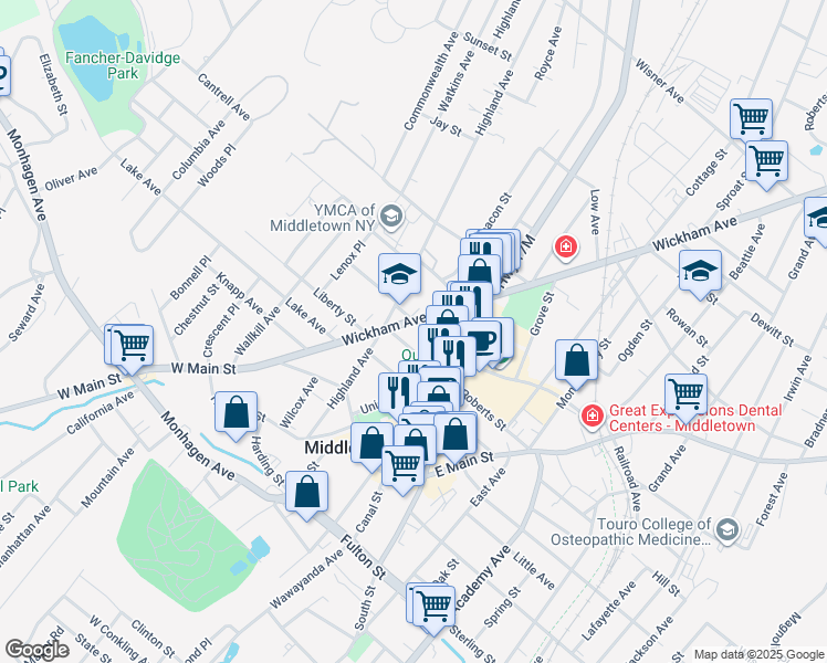 map of restaurants, bars, coffee shops, grocery stores, and more near 48 Wickham Avenue in Middletown