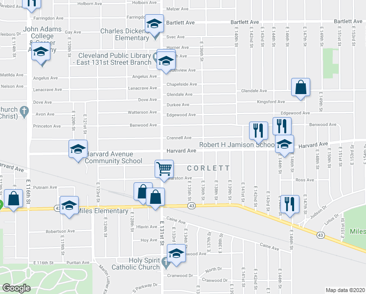 map of restaurants, bars, coffee shops, grocery stores, and more near 13302 Crennell Avenue in Cleveland