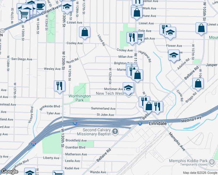map of restaurants, bars, coffee shops, grocery stores, and more near 12113 Kensington Avenue in Cleveland