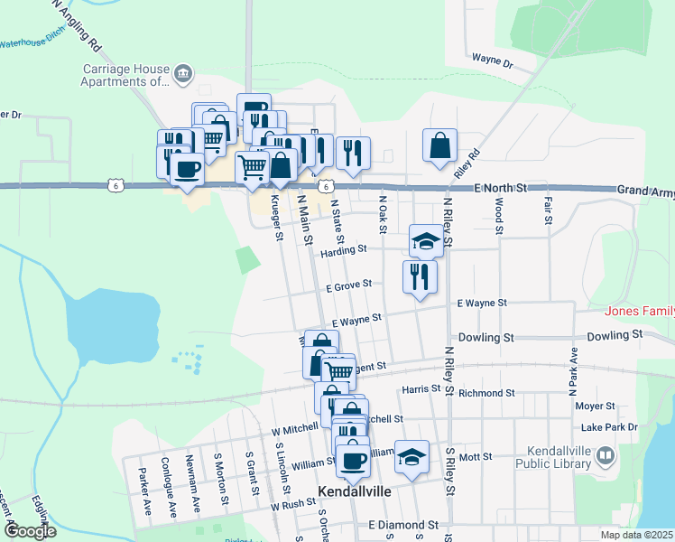 map of restaurants, bars, coffee shops, grocery stores, and more near 521 North State Street in Kendallville