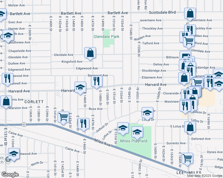 map of restaurants, bars, coffee shops, grocery stores, and more near 15014 Harvard Avenue in Cleveland