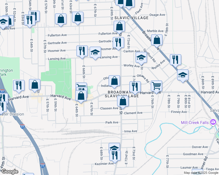 map of restaurants, bars, coffee shops, grocery stores, and more near 6914 Indiana Avenue in Cleveland