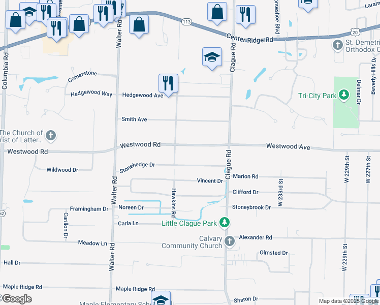 map of restaurants, bars, coffee shops, grocery stores, and more near 23971 Westwood Road in Westlake