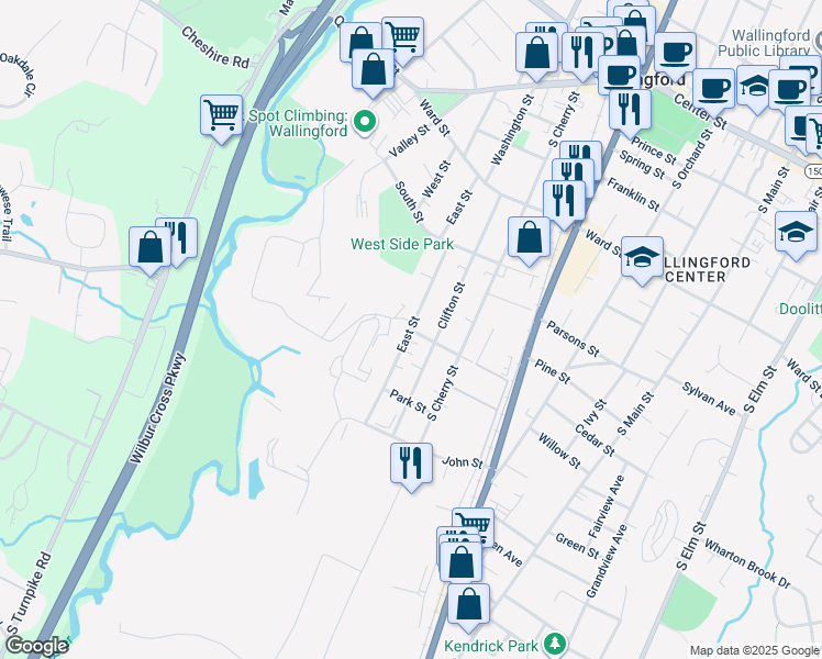 map of restaurants, bars, coffee shops, grocery stores, and more near 154 Wallingford Road in Durham