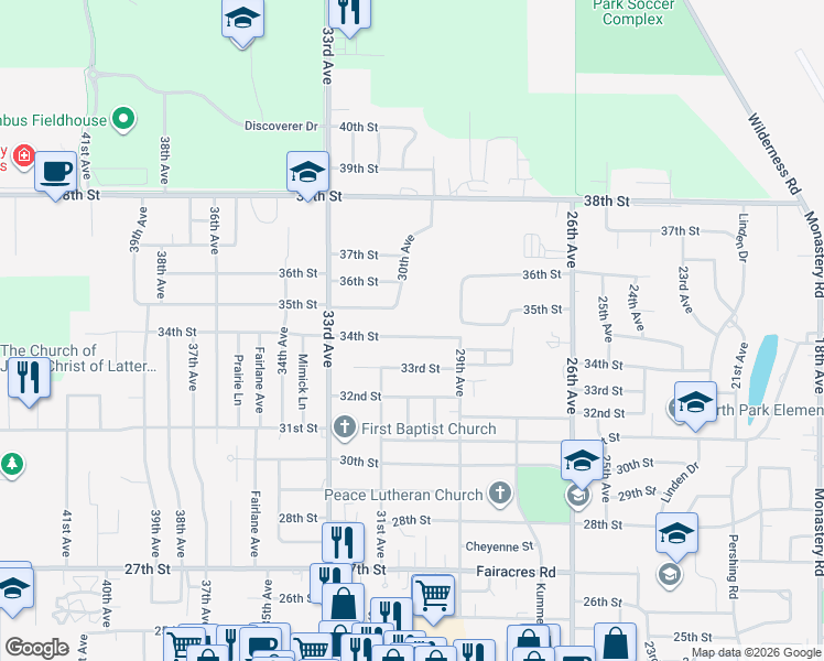 map of restaurants, bars, coffee shops, grocery stores, and more near 3012 34th Street in Columbus