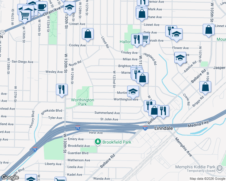 map of restaurants, bars, coffee shops, grocery stores, and more near 12113 Kensington Avenue in Cleveland