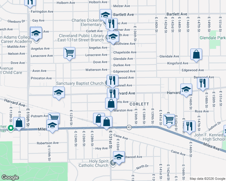 map of restaurants, bars, coffee shops, grocery stores, and more near 4025 East 131st Street in Cleveland