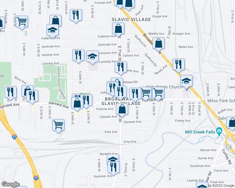 map of restaurants, bars, coffee shops, grocery stores, and more near 4000 East 71st Street in Cleveland