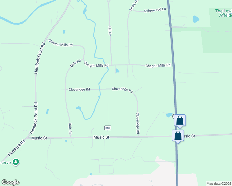 map of restaurants, bars, coffee shops, grocery stores, and more near 8265 Cloveridge Road in Chagrin Falls