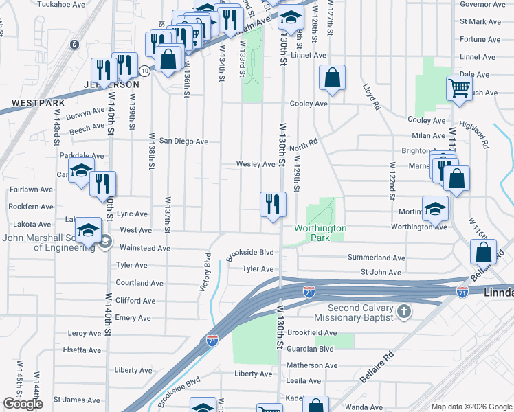 map of restaurants, bars, coffee shops, grocery stores, and more near 3854 West 132nd Street in Cleveland