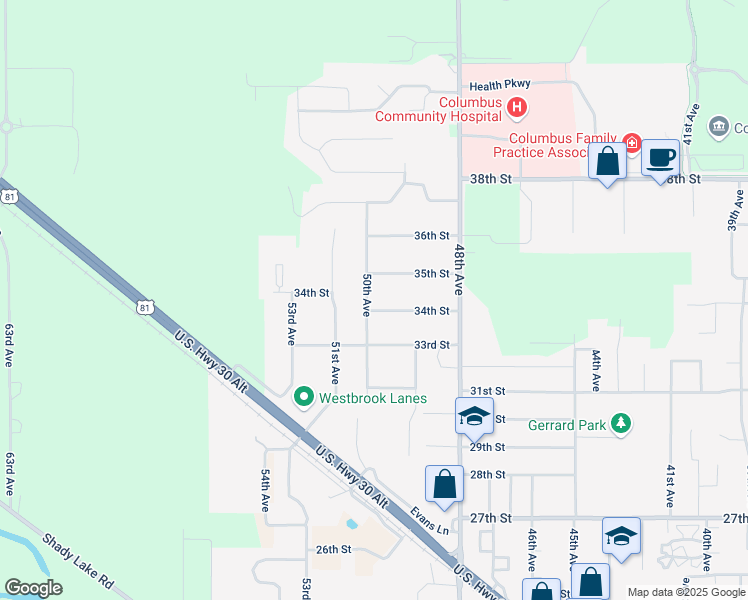 map of restaurants, bars, coffee shops, grocery stores, and more near 4800-4928 34th Street in Columbus