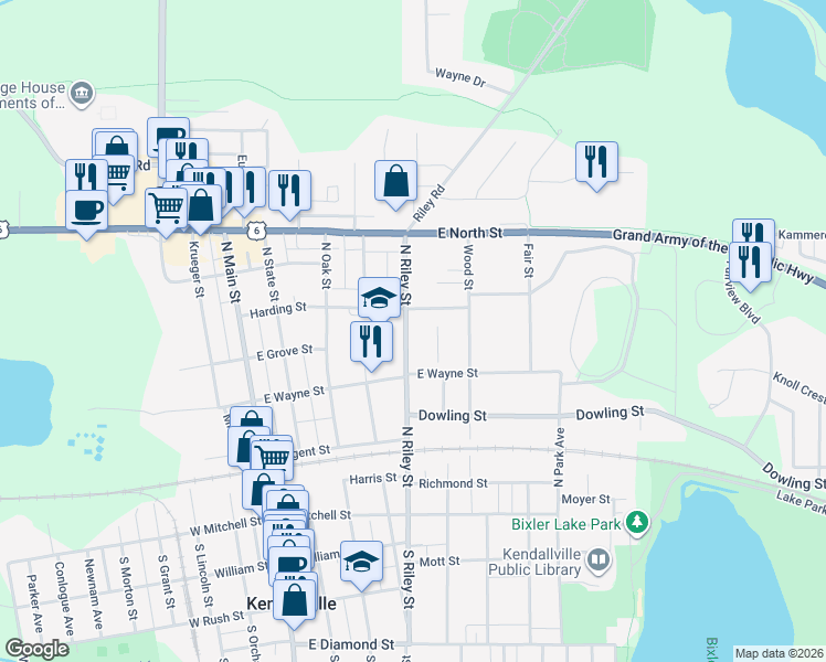 map of restaurants, bars, coffee shops, grocery stores, and more near 540 North Riley Street in Kendallville