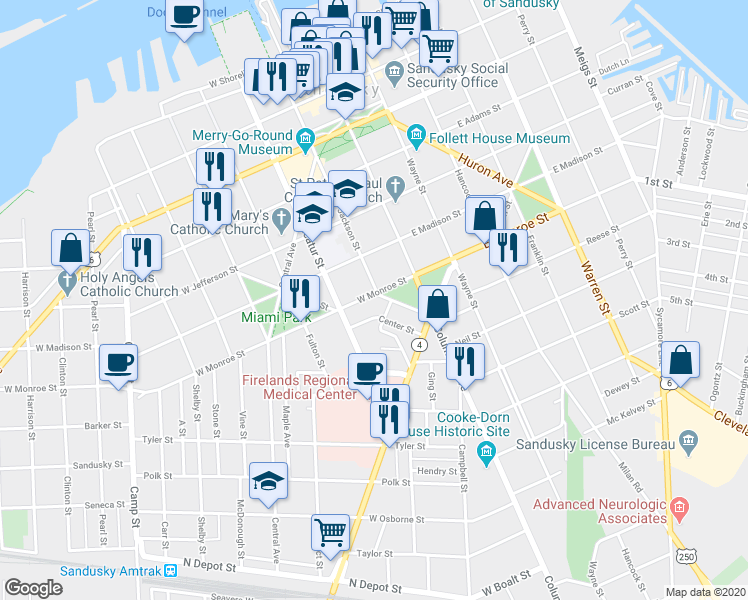map of restaurants, bars, coffee shops, grocery stores, and more near 304 West Monroe Street in Sandusky