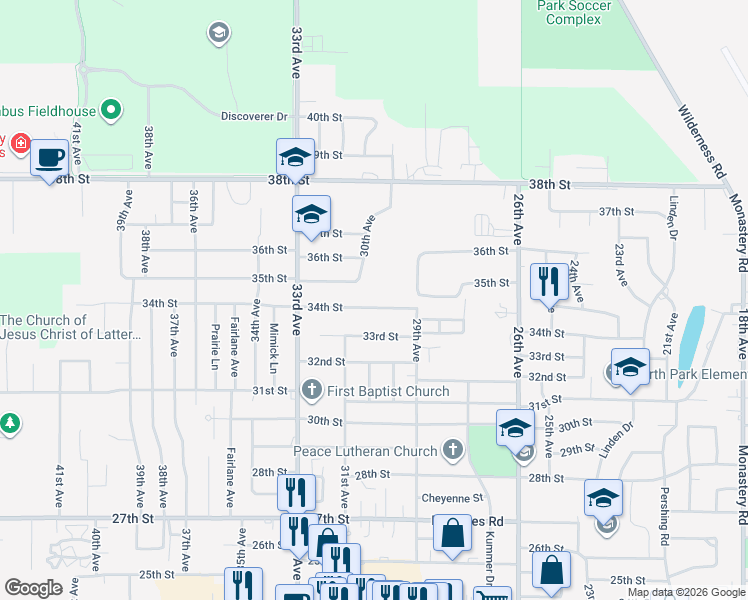 map of restaurants, bars, coffee shops, grocery stores, and more near 3012 34th Street in Columbus