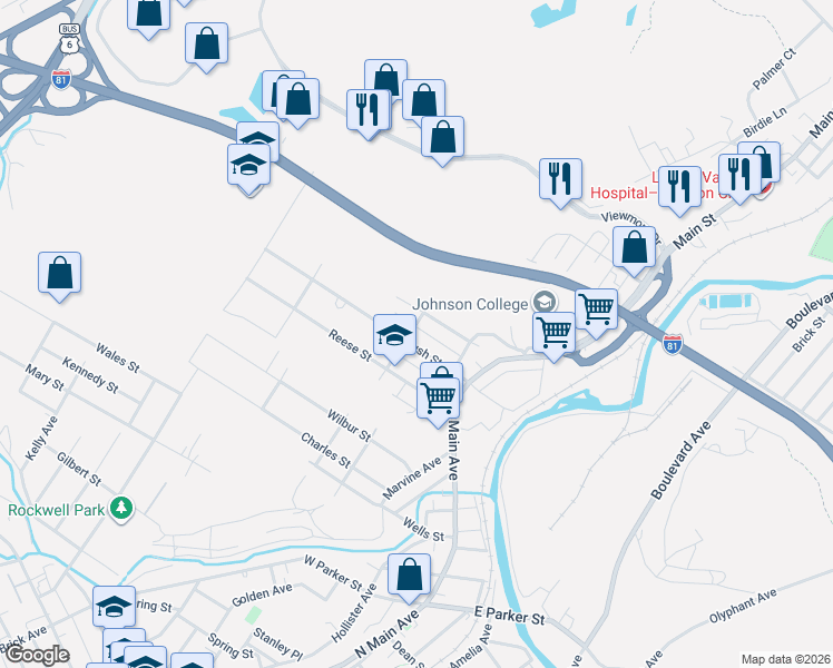 map of restaurants, bars, coffee shops, grocery stores, and more near 308 Greenbush Street in Scranton