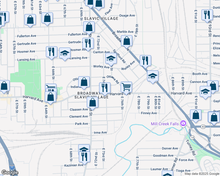 map of restaurants, bars, coffee shops, grocery stores, and more near 7424 Indiana Avenue in Cleveland