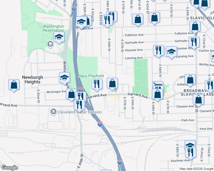 map of restaurants, bars, coffee shops, grocery stores, and more near 3994 East 54th Street in Newburgh Heights