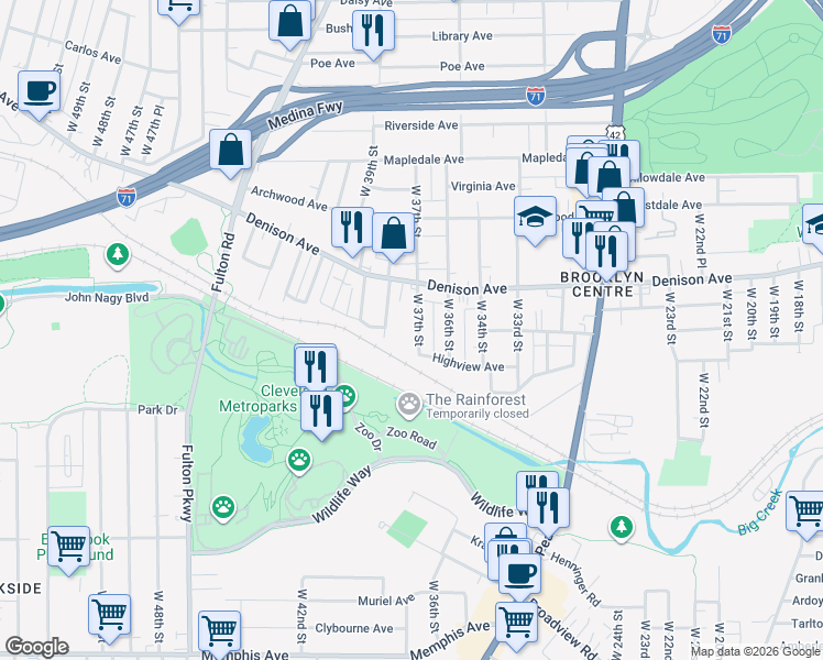 map of restaurants, bars, coffee shops, grocery stores, and more near 3870 West 37th Street in Cleveland