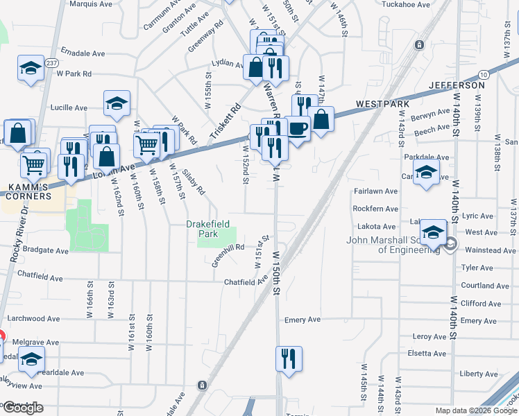 map of restaurants, bars, coffee shops, grocery stores, and more near 15100 Schuyler Avenue in Cleveland