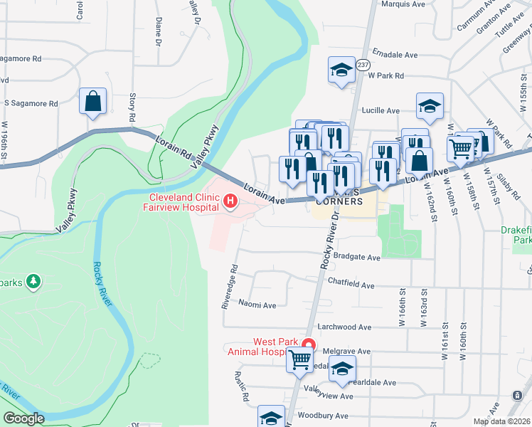 map of restaurants, bars, coffee shops, grocery stores, and more near 17615 Lorain Avenue in Cleveland