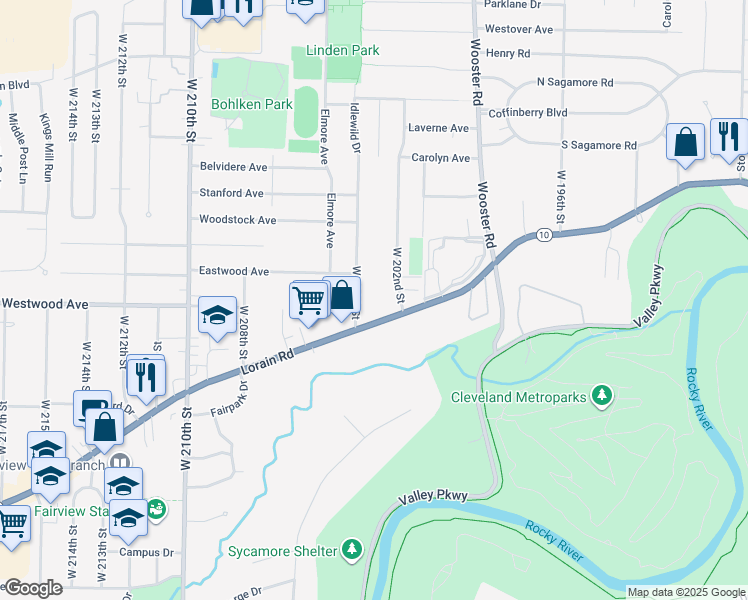 map of restaurants, bars, coffee shops, grocery stores, and more near 4392 West 202nd Street in Fairview Park