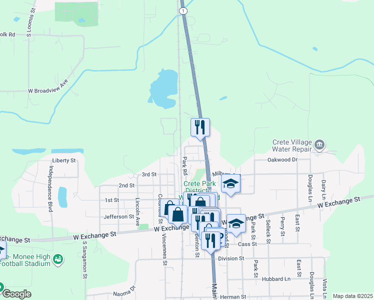 map of restaurants, bars, coffee shops, grocery stores, and more near 514 5th Street in Crete