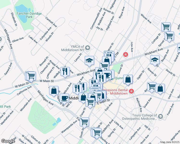 map of restaurants, bars, coffee shops, grocery stores, and more near 48 Wickham Avenue in Middletown