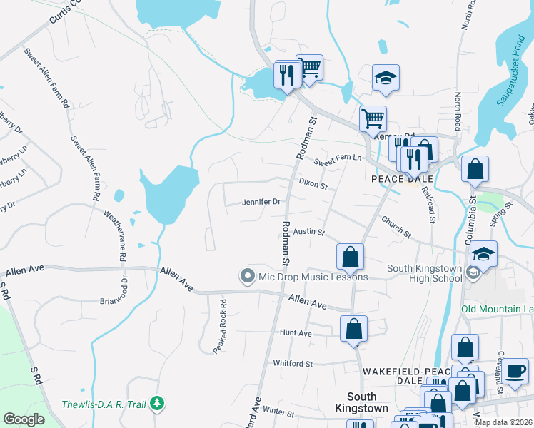 map of restaurants, bars, coffee shops, grocery stores, and more near 128C Rodman St in South Kingstown