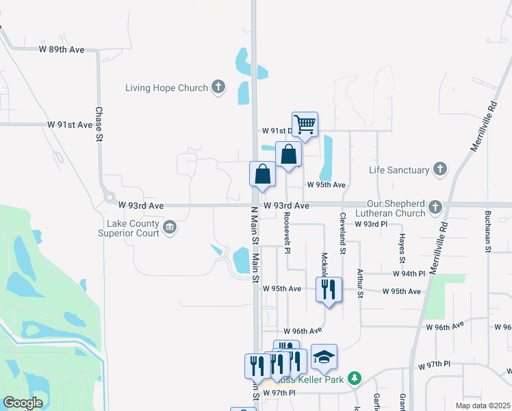 map of restaurants, bars, coffee shops, grocery stores, and more near Taft St & W 93rd Ave in Crown Point