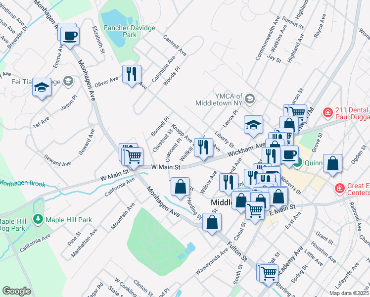map of restaurants, bars, coffee shops, grocery stores, and more near 17-1/2 Wallkill Avenue in Middletown