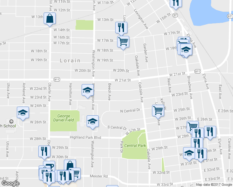 map of restaurants, bars, coffee shops, grocery stores, and more near 827 West 22nd Street in Lorain